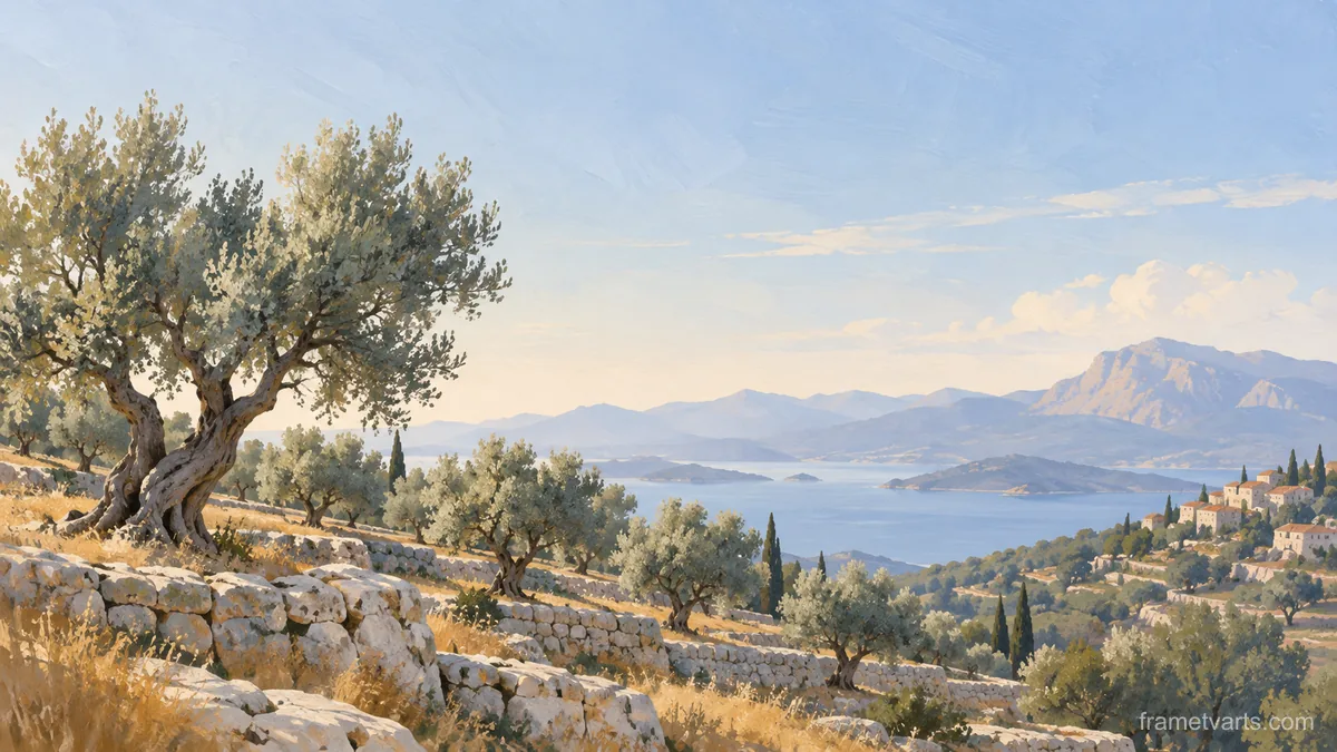 Olive grove on terraced limestone hills – minimalist landscape painting Samsung Frame TV art, 4K