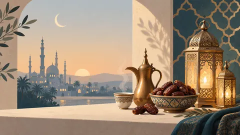 Eid dates and coffee beside decorative lanterns – minimal celebratory illustration Frame TV art