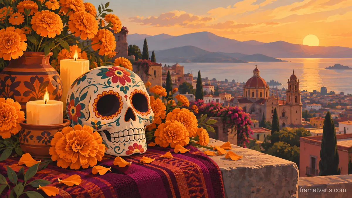 Dia de los Muertos marigolds and an original decorated calavera – minimal celebratory illustration Samsung Frame TV art, 4K