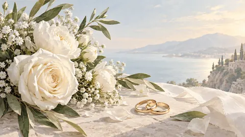 Wedding white florals and two interlocking plain rings – minimal celebratory illustration Frame TV art
