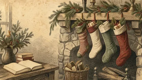 Christmas stockings above a stone hearth – vintage-inspired festive print Frame TV art