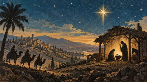 Nativity silhouette under a starry sky – vintage-inspired festive print Frame TV art