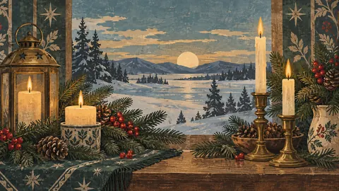 Winter solstice candles and evergreen boughs – vintage-inspired festive print Frame TV art