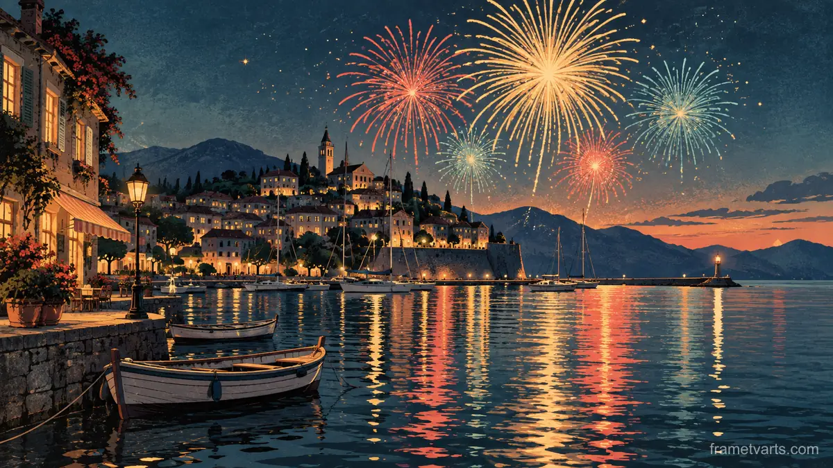 New Year fireworks reflected across a quiet harbor – vintage-inspired festive print Samsung Frame TV art, 4K