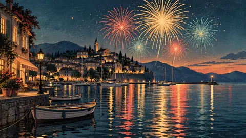 New Year fireworks reflected across a quiet harbor – vintage-inspired festive print Frame TV art