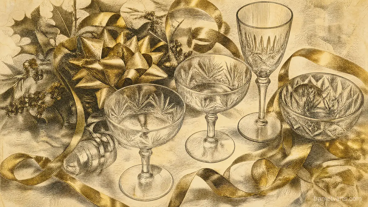 New Year still life of sparkling glass and gold ribbons – vintage-inspired festive print Samsung Frame TV art, 4K