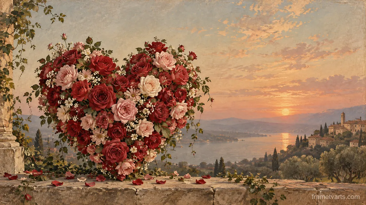Valentine heart-shaped floral arrangement – vintage-inspired festive print Samsung Frame TV art, 4K