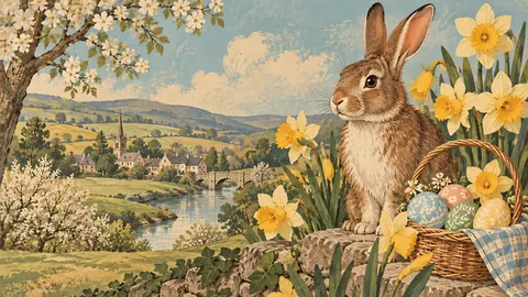Easter rabbit among spring daffodils – vintage-inspired festive print Frame TV art