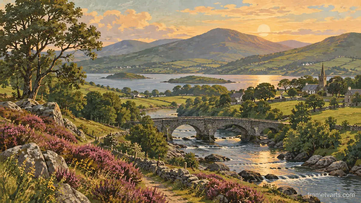 Irish green hills and an old stone bridge – vintage-inspired festive print Samsung Frame TV art, 4K