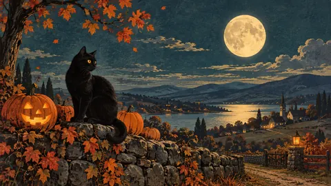 Halloween black cat with pumpkins beneath moonlight – vintage-inspired festive print Frame TV art