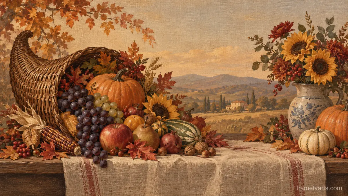 Thanksgiving harvest cornucopia on linen – vintage-inspired festive print Samsung Frame TV art, 4K