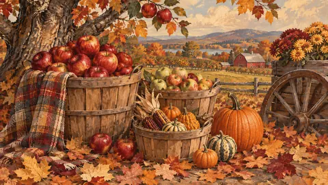 Thanksgiving orchard baskets and fallen leaves – vintage-inspired festive print Frame TV art