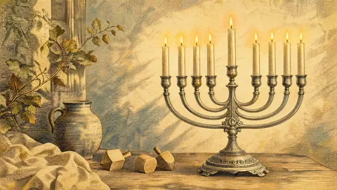 Hanukkah nine-branched hanukkiah with eight candle positions plus a distinct shamash – vintage-inspired festive print Frame TV art