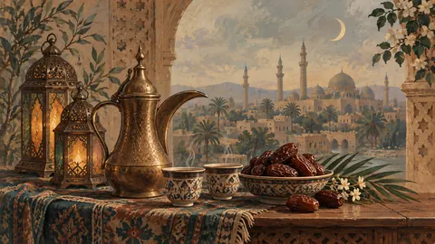 Eid dates and coffee beside decorative lanterns – vintage-inspired festive print Frame TV art