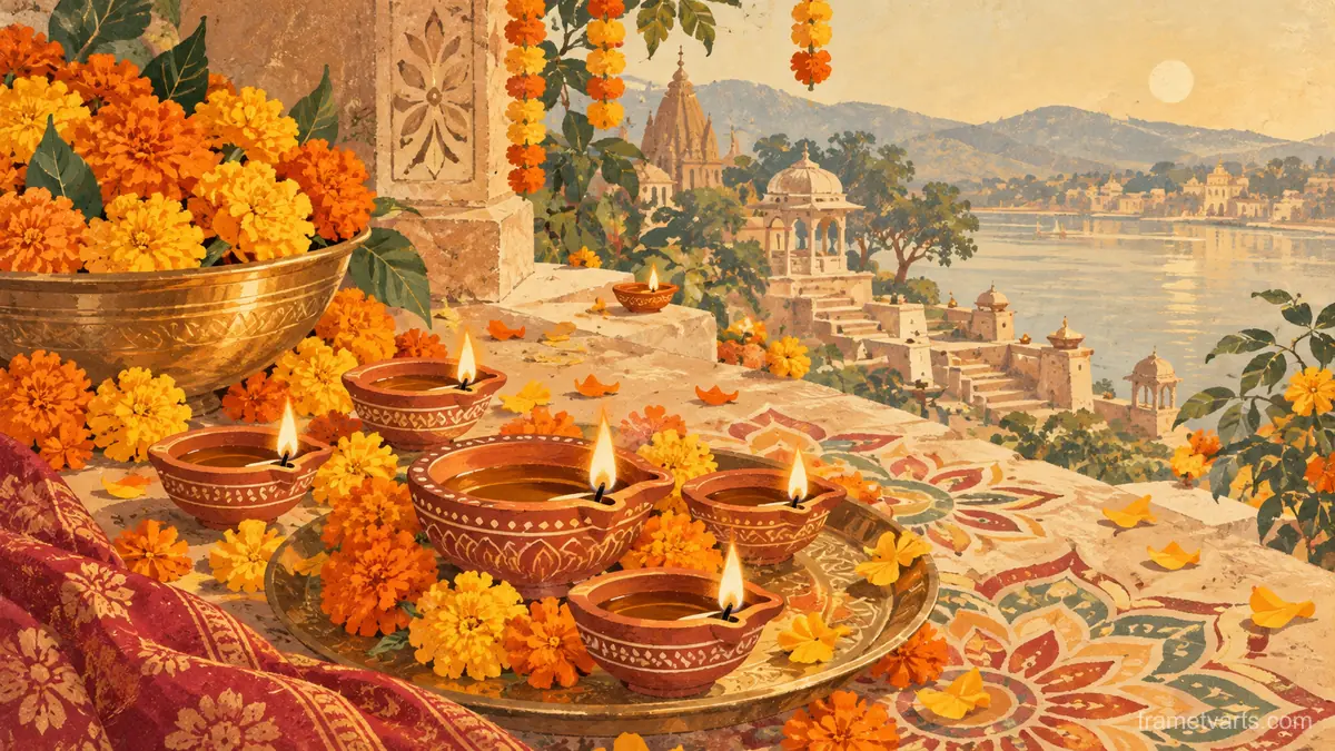 Diwali clay diyas surrounded by marigolds – vintage-inspired festive print Samsung Frame TV art, 4K
