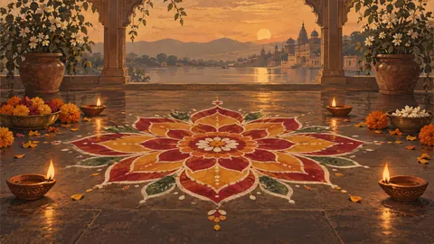 Diwali symmetrical floral rangoli beside oil lamps – vintage-inspired festive print Frame TV art