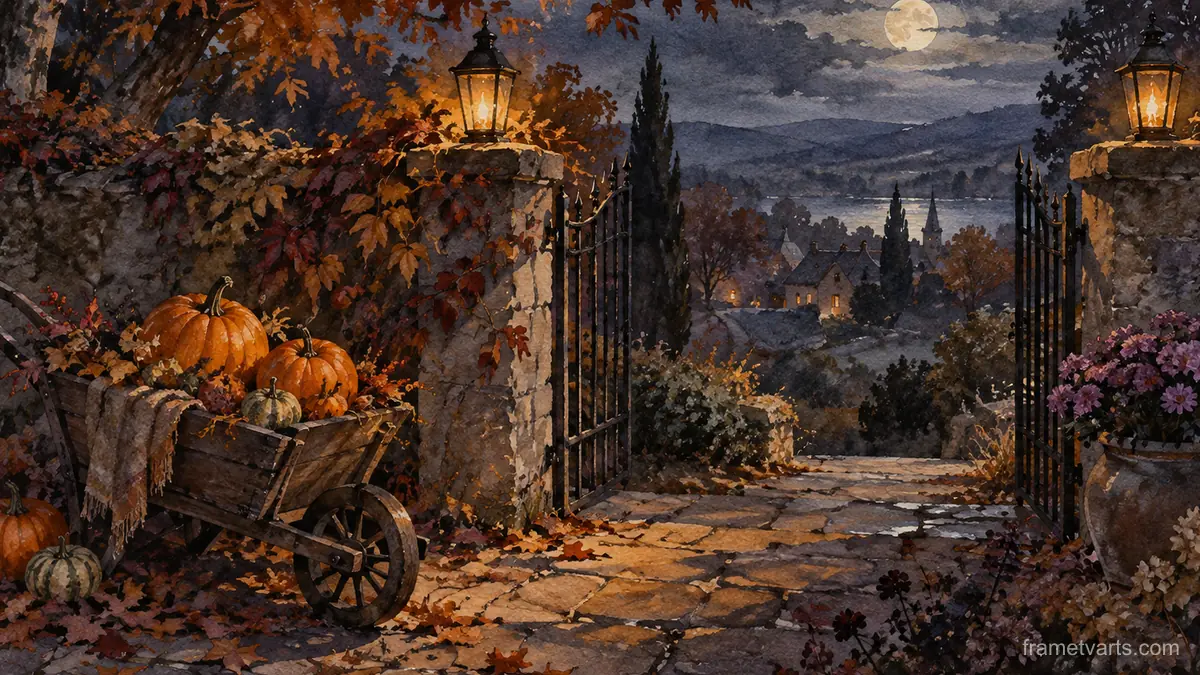 Halloween pumpkin wheelbarrow at a garden gate – elegant watercolor Samsung Frame TV art, 4K