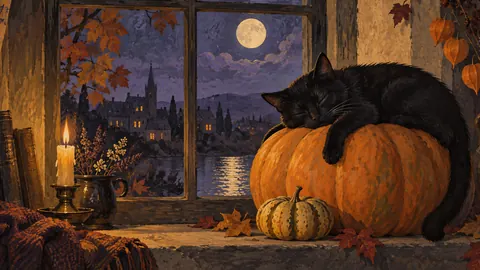 Black cat asleep on a pumpkin windowsill – storybook gouache Frame TV art