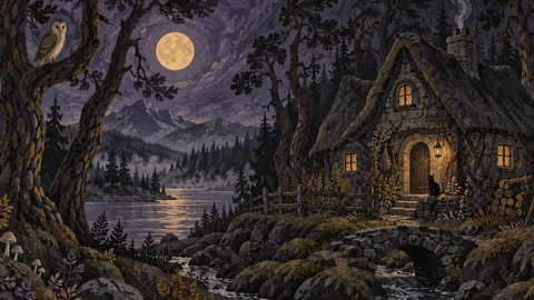 Witch's cottage among crooked pines – decorative folk gouache Frame TV art