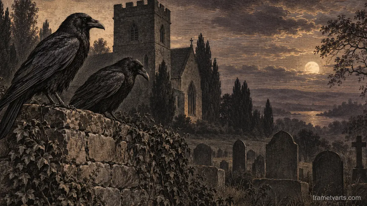 Ravens on a churchyard wall at dusk – vintage plate engraving Samsung Frame TV art, 4K