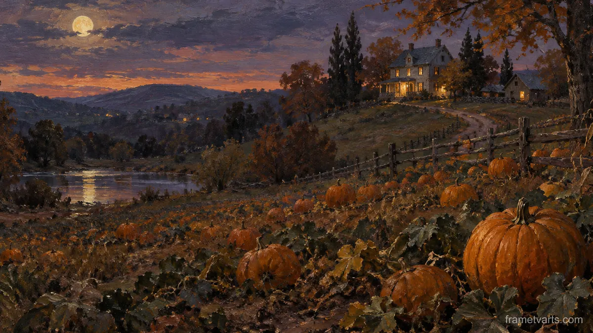 Pumpkin patch at twilight below a distant farmhouse – impressionist oil painting Samsung Frame TV art, 4K