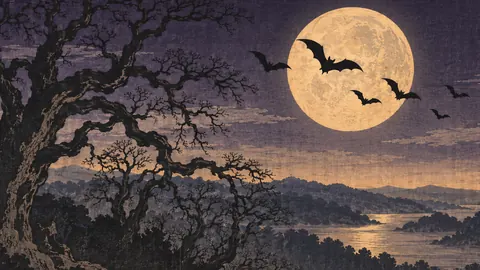 Bat silhouettes crossing a full moon above bare oaks – japanese-inspired woodblock print Frame TV art