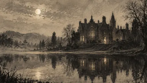 Haunted manor reflected in a still pond – monochrome minimalist abstraction Frame TV art