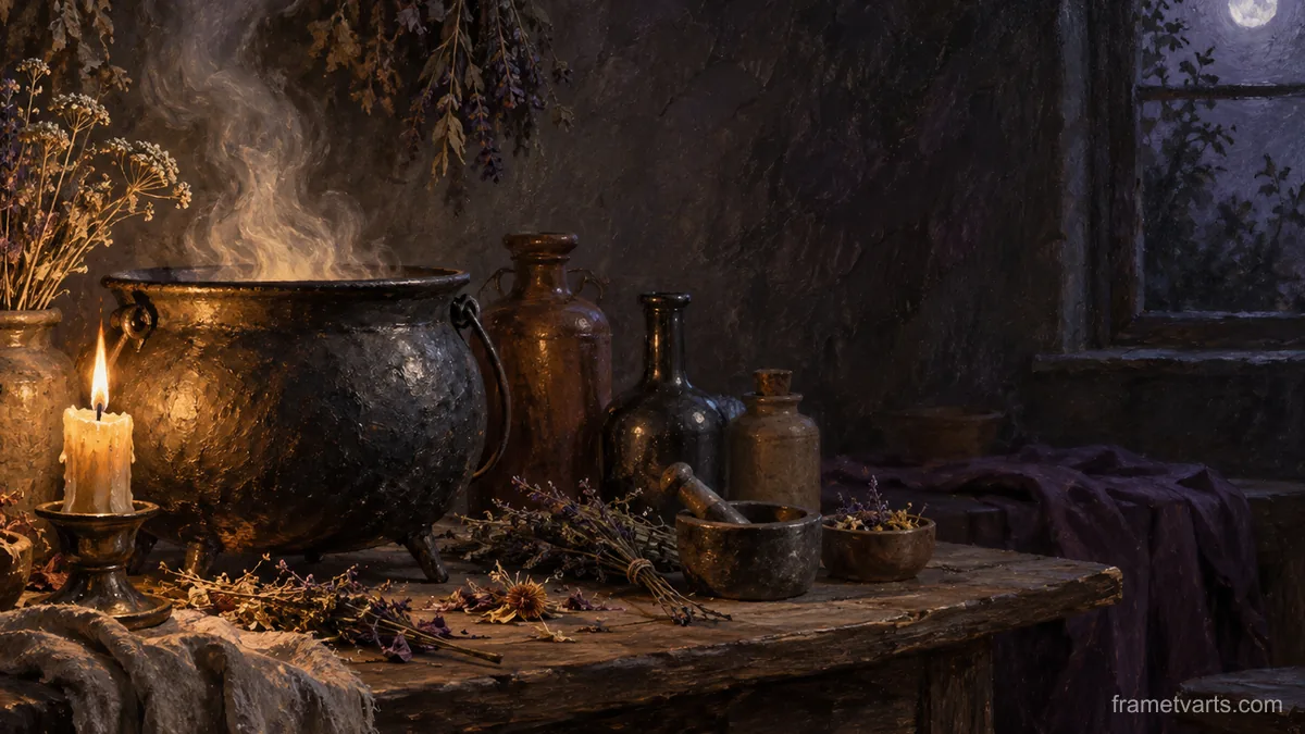Witch's cauldron and dried herbs on a plain table – tonal oil painting Samsung Frame TV art, 4K