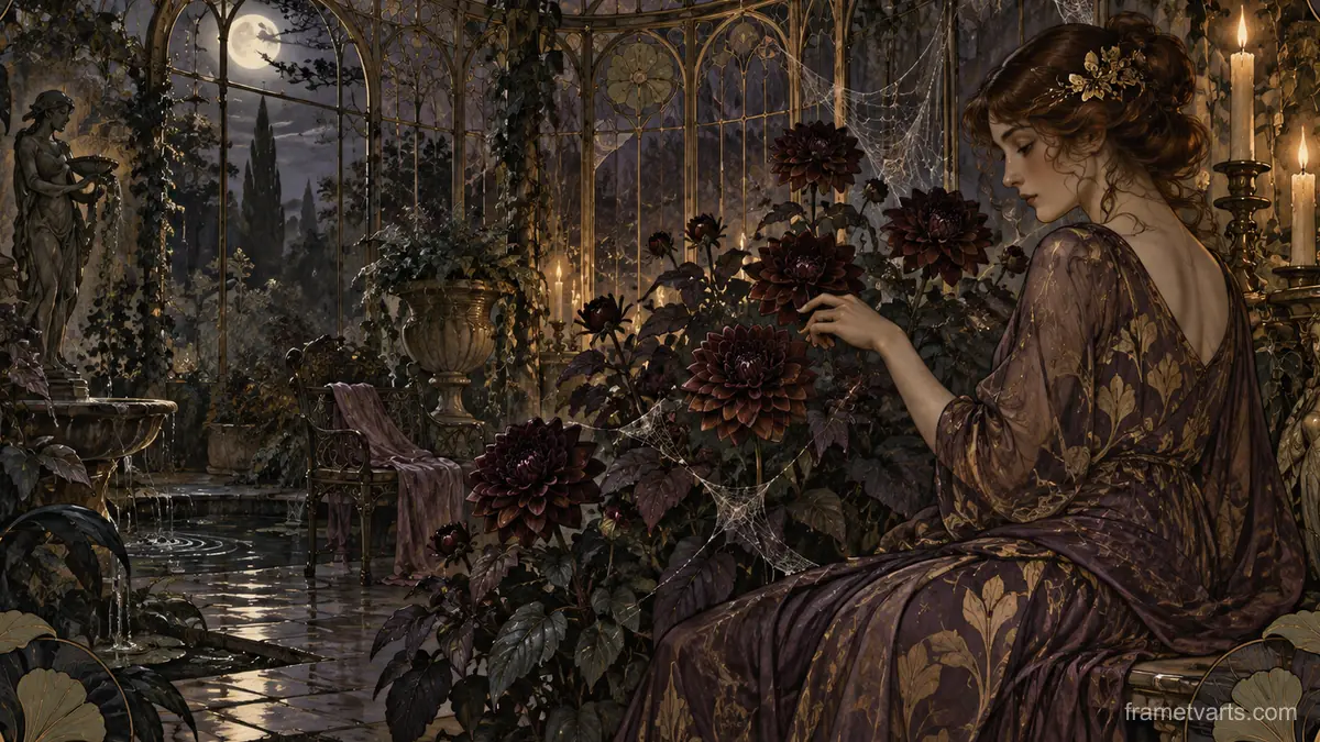 Cobweb-draped conservatory with dark dahlias – decorative art nouveau painting Samsung Frame TV art, 4K