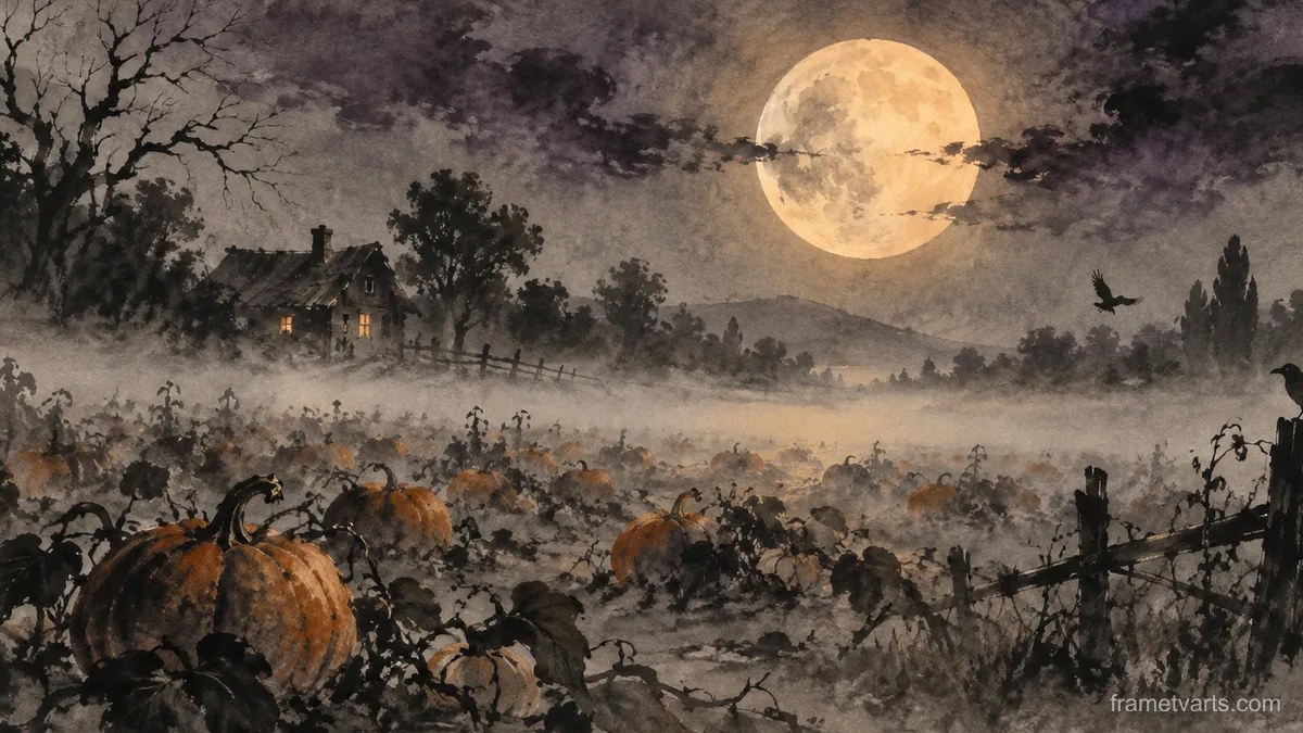 Halloween moon over a misty field of squash – zen sumi-e ink wash Samsung Frame TV art, 4K