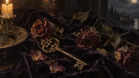 Skeleton key and dried roses on dark velvet – tonal oil painting Frame TV art