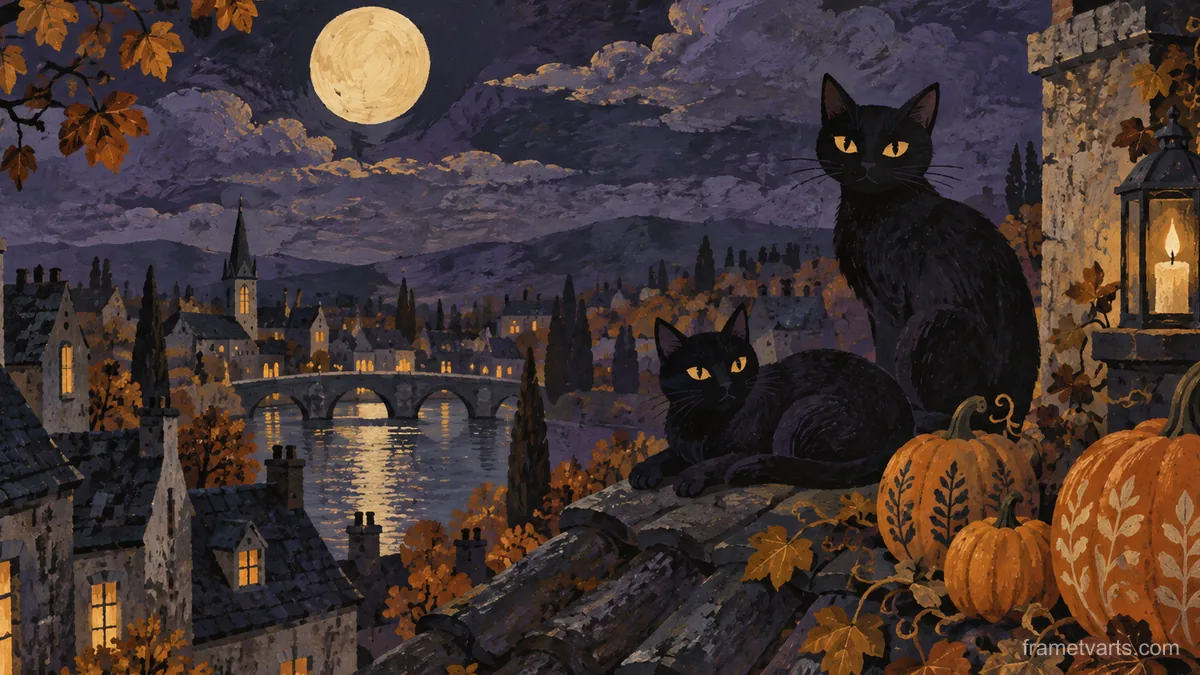 Black cats on a moonlit rooftop with pumpkins – decorative folk gouache Samsung Frame TV art, 4K