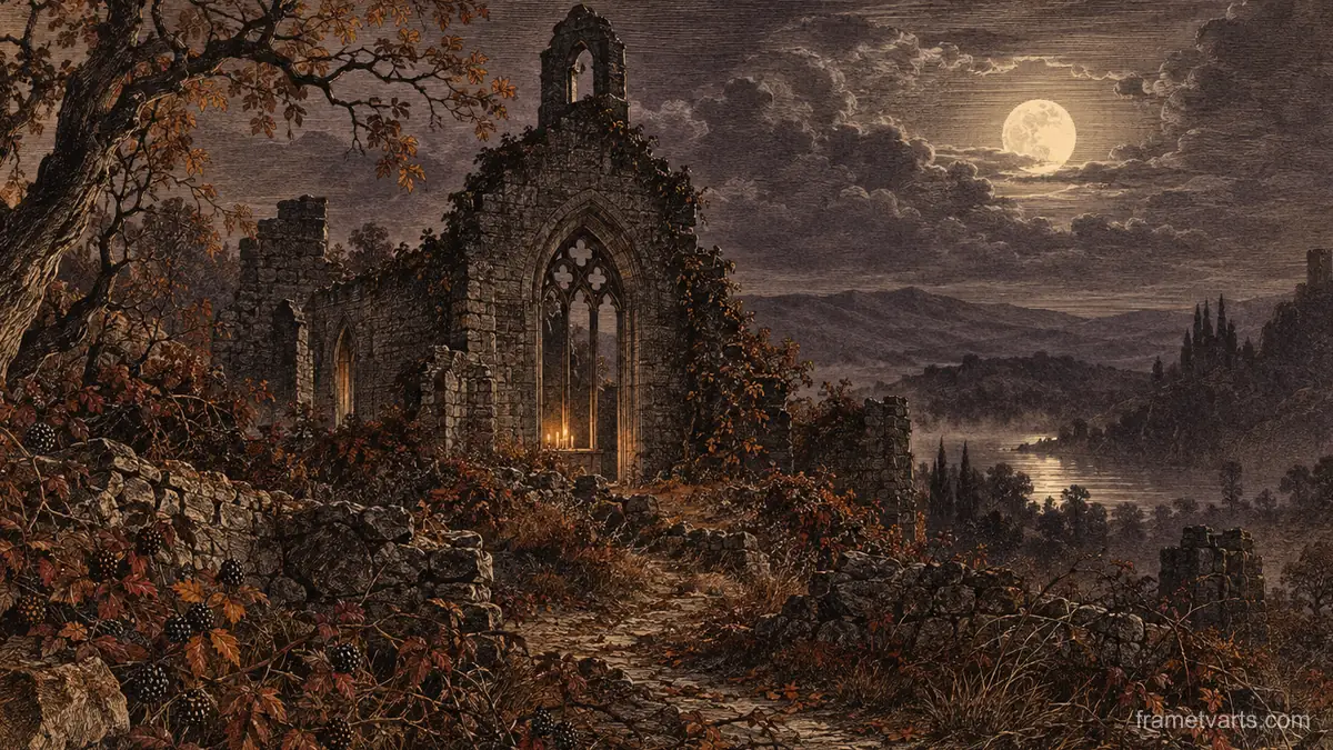 Haunted chapel ruin among autumn brambles – vintage plate engraving Samsung Frame TV art, 4K