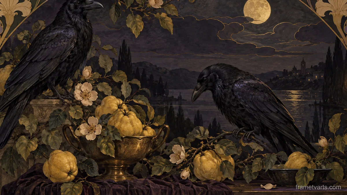 Ravens and quince branches in a dark still life – decorative art nouveau painting Samsung Frame TV art, 4K