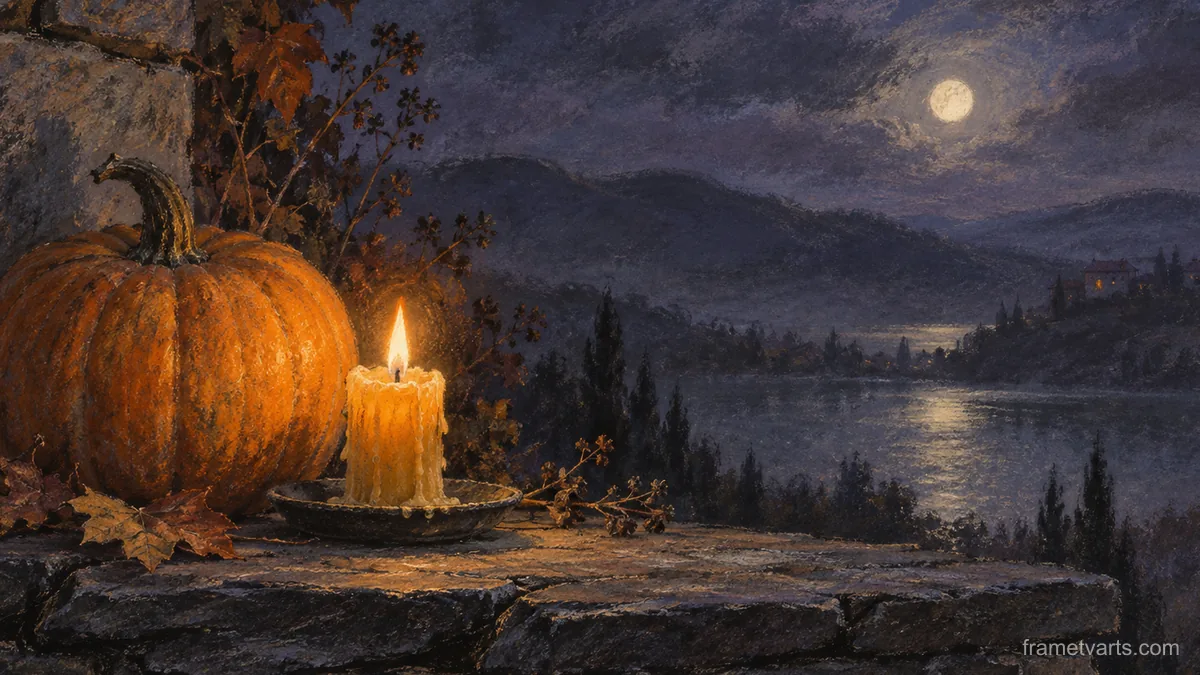 Pumpkin and beeswax candle on a slate ledge – soft pastel drawing Samsung Frame TV art, 4K