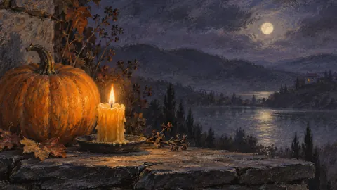 Pumpkin and beeswax candle on a slate ledge – soft pastel drawing Frame TV art