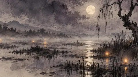 Spooky marsh with drifting marsh lights – zen sumi-e ink wash Frame TV art