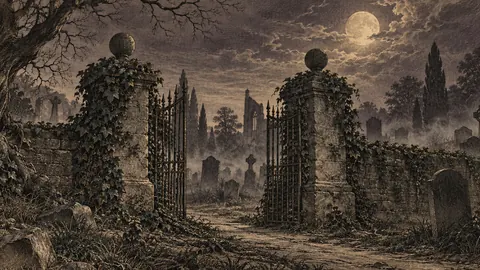 Haunted graveyard gate wreathed in ivy – vintage plate engraving Frame TV art