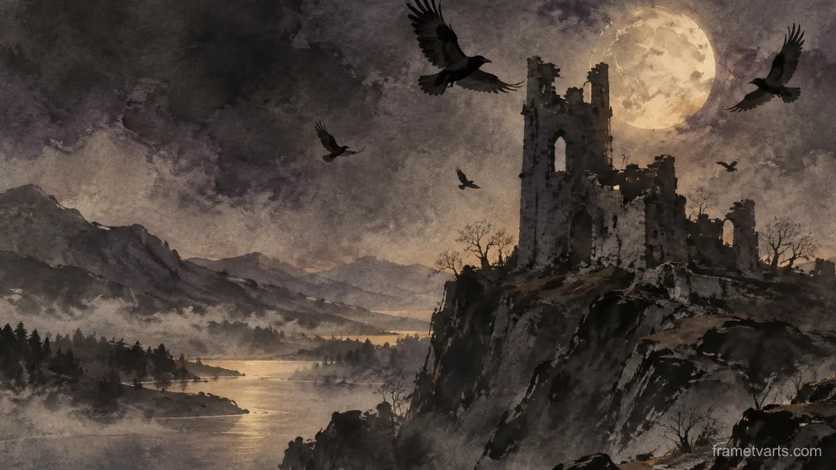 Ravens circling a ruined tower – minimal ink and wash Samsung Frame TV art, 4K