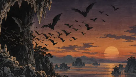 Bat silhouettes leaving a cave mouth at sunset – japanese-inspired woodblock print Frame TV art