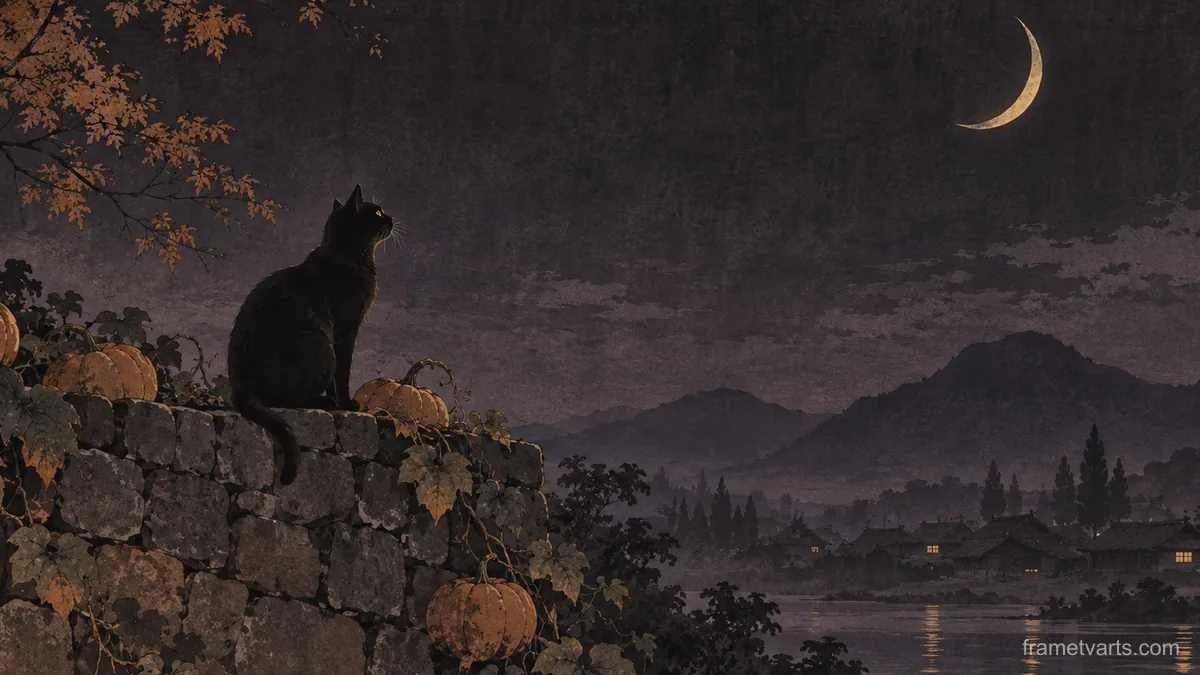 Black cat on a pumpkin wall under a crescent moon – japanese-inspired minimal composition Samsung Frame TV art, 4K