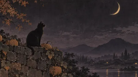 Black cat on a pumpkin wall under a crescent moon – japanese-inspired minimal composition Frame TV art