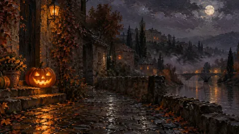 Jack-o-lantern glow on wet cobbles – atmospheric oil painting Frame TV art