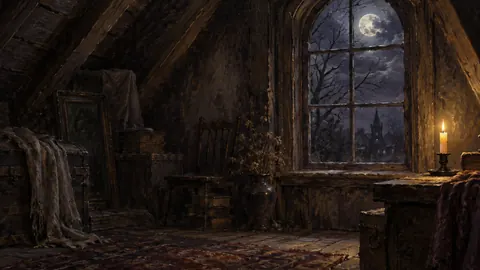 Spooky attic window with a single candle – tonal oil painting Frame TV art