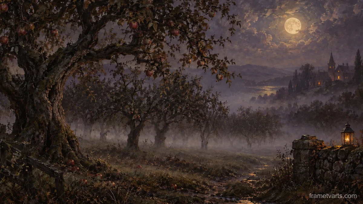 Haunted orchard under low mist – atmospheric oil painting Samsung Frame TV art, 4K