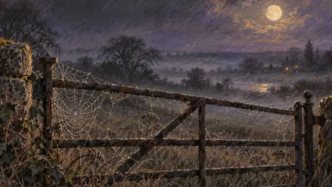 Cobwebs beaded with dew on a gate – chalk pastel study Frame TV art