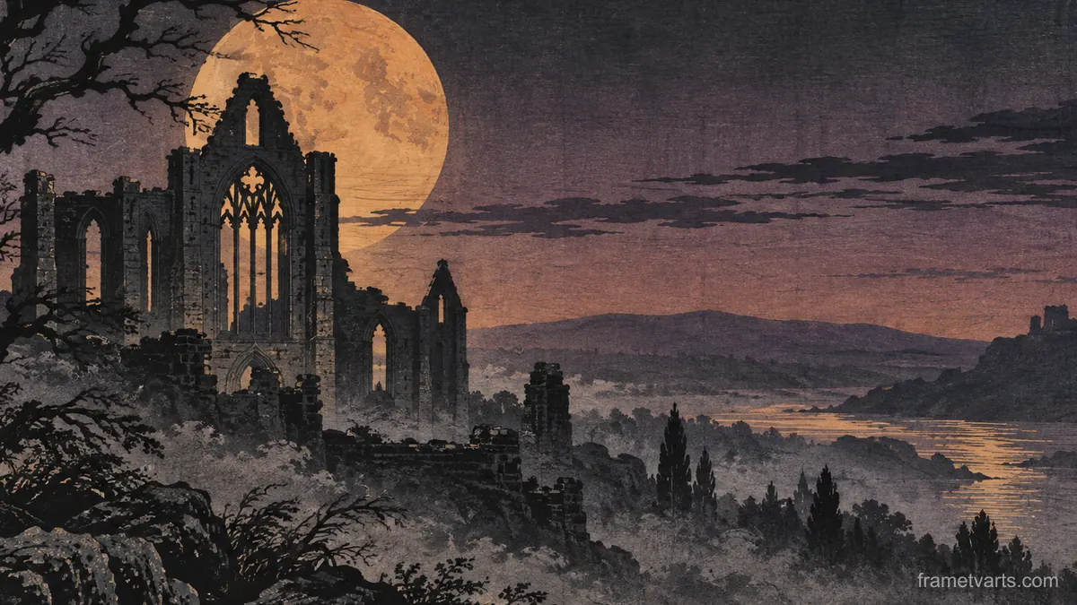 Halloween moon behind a ruined abbey – japanese-inspired woodblock print Samsung Frame TV art, 4K