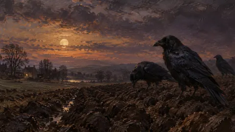 Ravens on a plough furrow at dusk – tonal oil painting Frame TV art