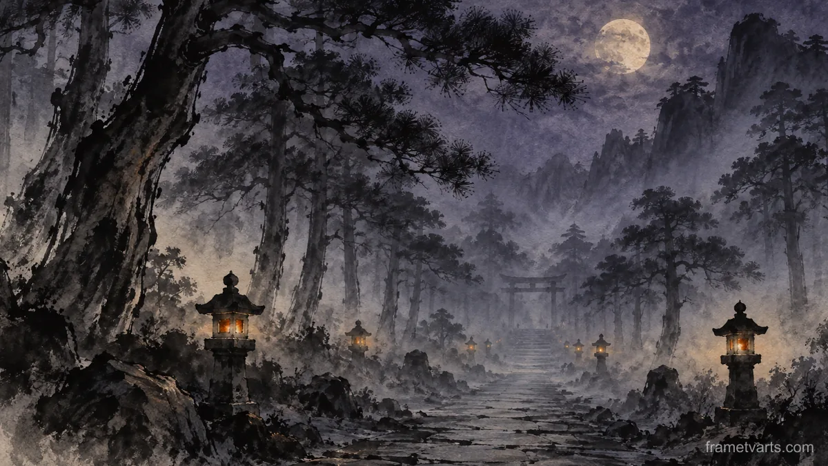 Spooky pine avenue in blue fog – zen sumi-e ink wash Samsung Frame TV art, 4K