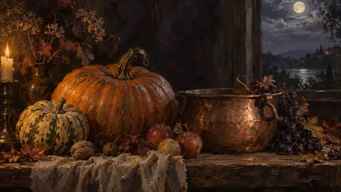 Pumpkin still life with a copper pot – tonal oil painting Frame TV art